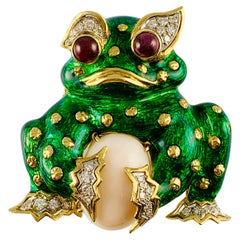 18 Karat yellow Gold Green Enamel Diamond Coral and Ruby Frog Brooch Pin