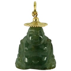 18 Karat Yellow Gold Green Jadeite Jade Buddha Large Charm Pendant