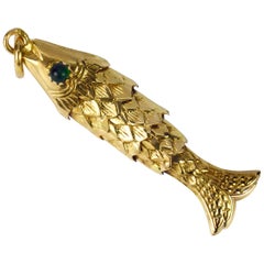 18 Karat Yellow Gold Green Paste Large Articulated Fish Charm Pendant