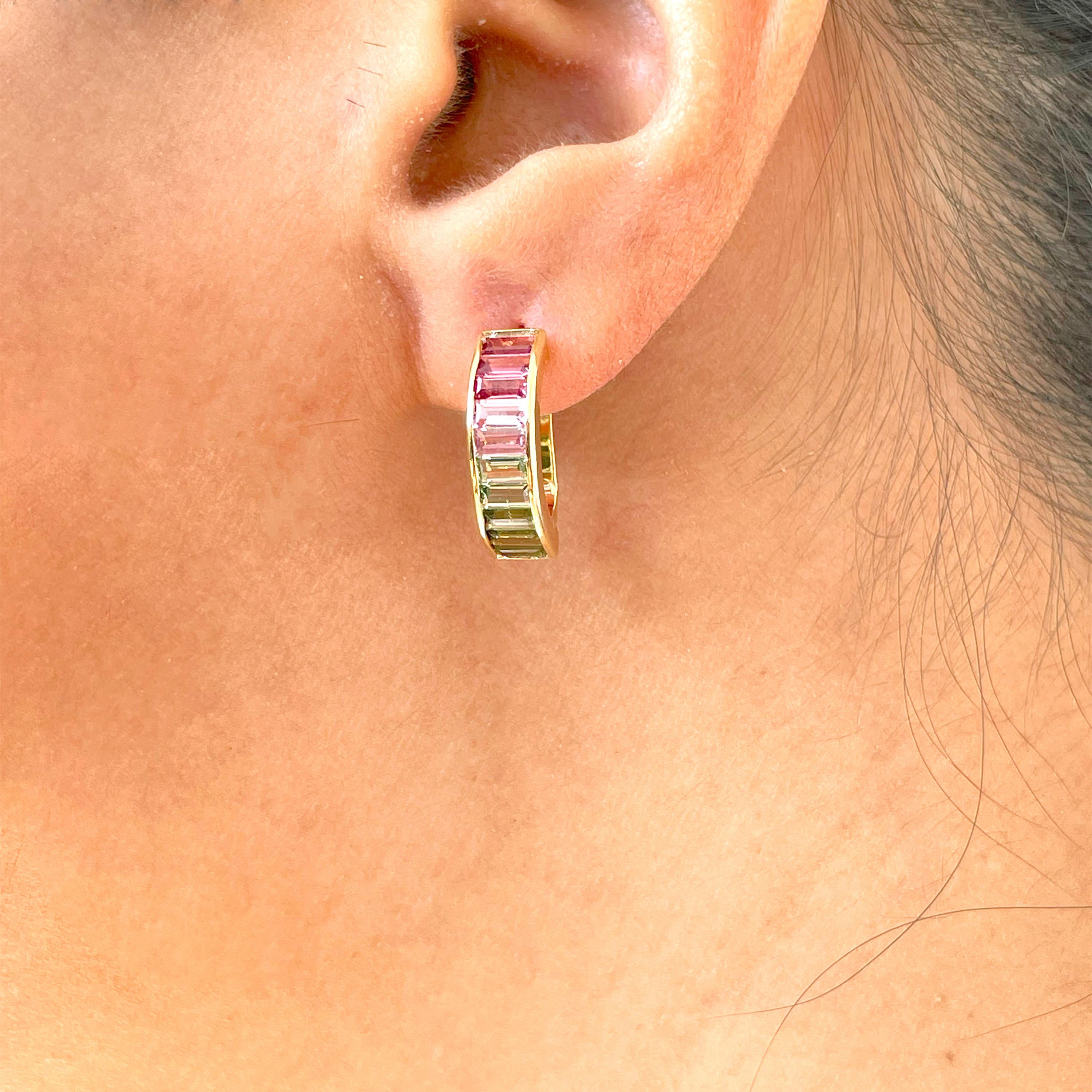 18 Karat Gelbgold grün-rosa zweifarbige Turmalin-Ohrringe mit linearem Reif

Fügen Sie Ihrem Schmuckkästchen etwas Besonderes hinzu mit den einzigartigen Wassermelonen-Bi-Color-Turmalin-Huggie Hoop-Ohrringen. Dieses klassische, lineare Design aus 18