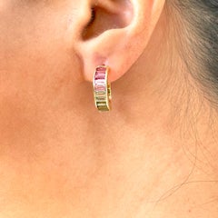 18 Karat Yellow Gold Green Pink Bi-Color Tourmaline Linear Huggie Hoop Earrings
