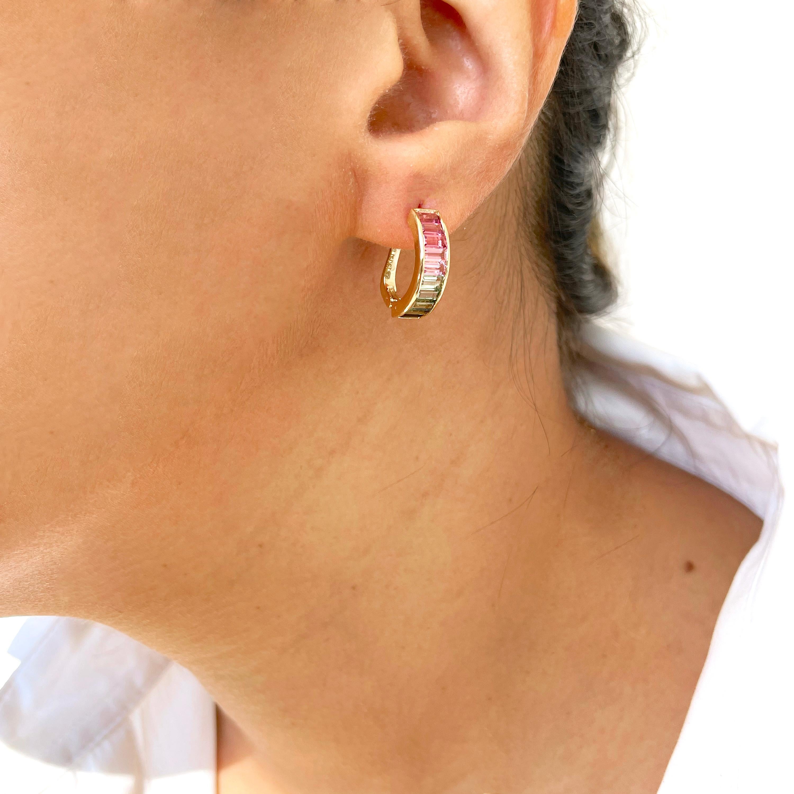 Baguette Cut 18 Karat Yellow Gold Green Pink Bi-Color Tourmaline Linear Huggie Hoop Earrings For Sale