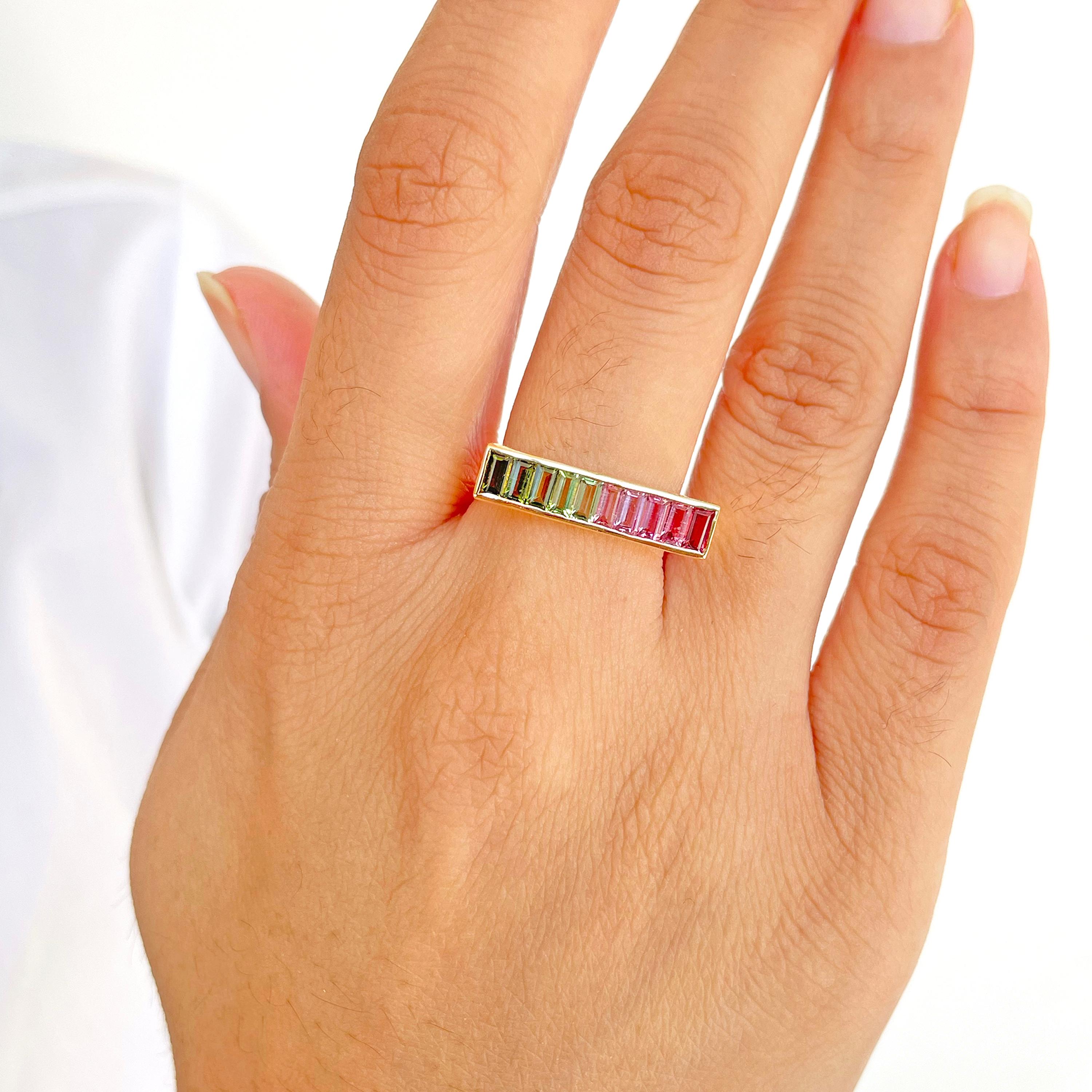 18 karat yellow gold green pink watermelon bi-color tourmaline linear bar band ring

Add something special to your jewellery box with the unique watermelon tourmaline bar ring. Set in 18 karat gold, this classic linear design features channel set in