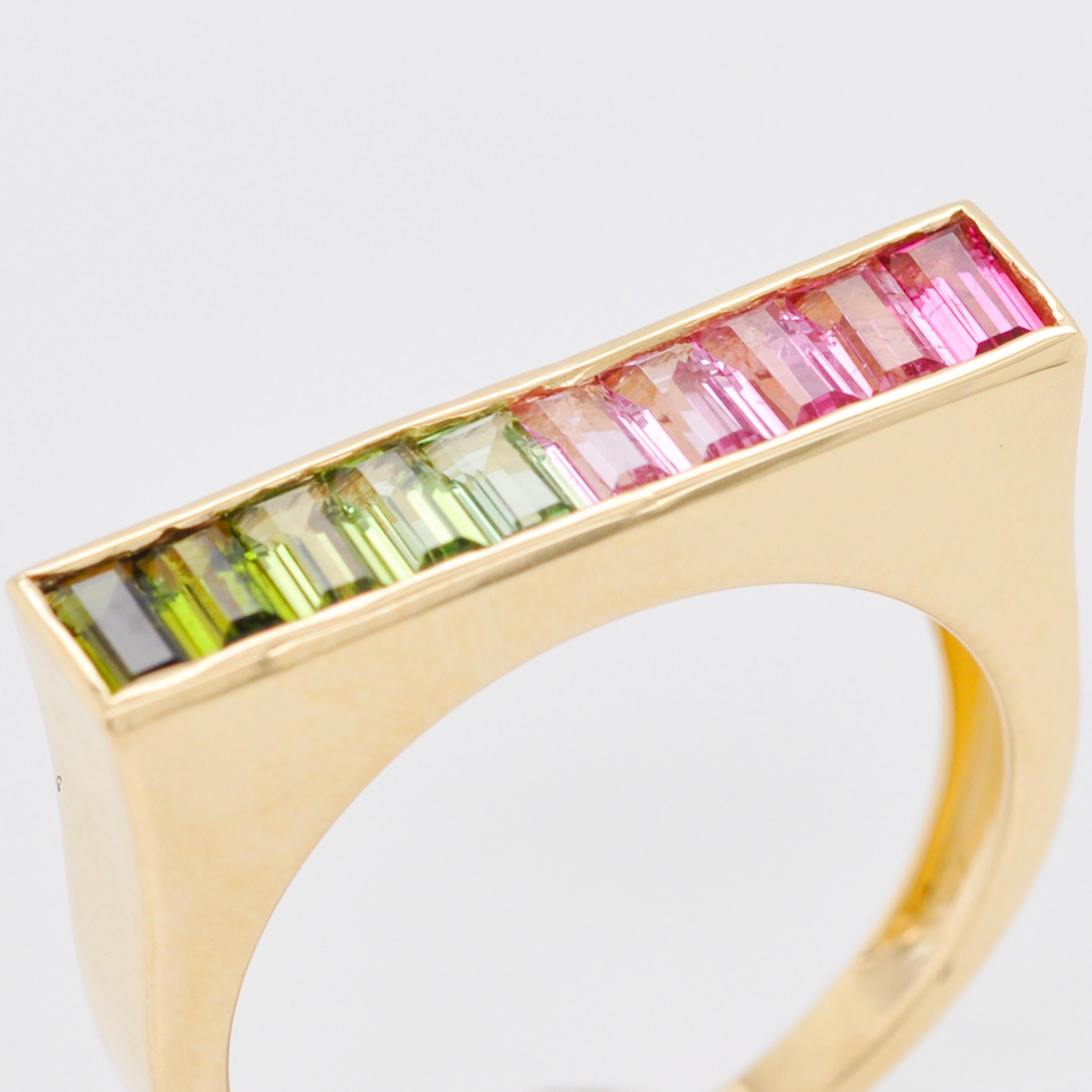 Women's 18 Karat Yellow Gold Green Pink Watermelon Bi-Color Tourmaline Linear Bar Ring For Sale