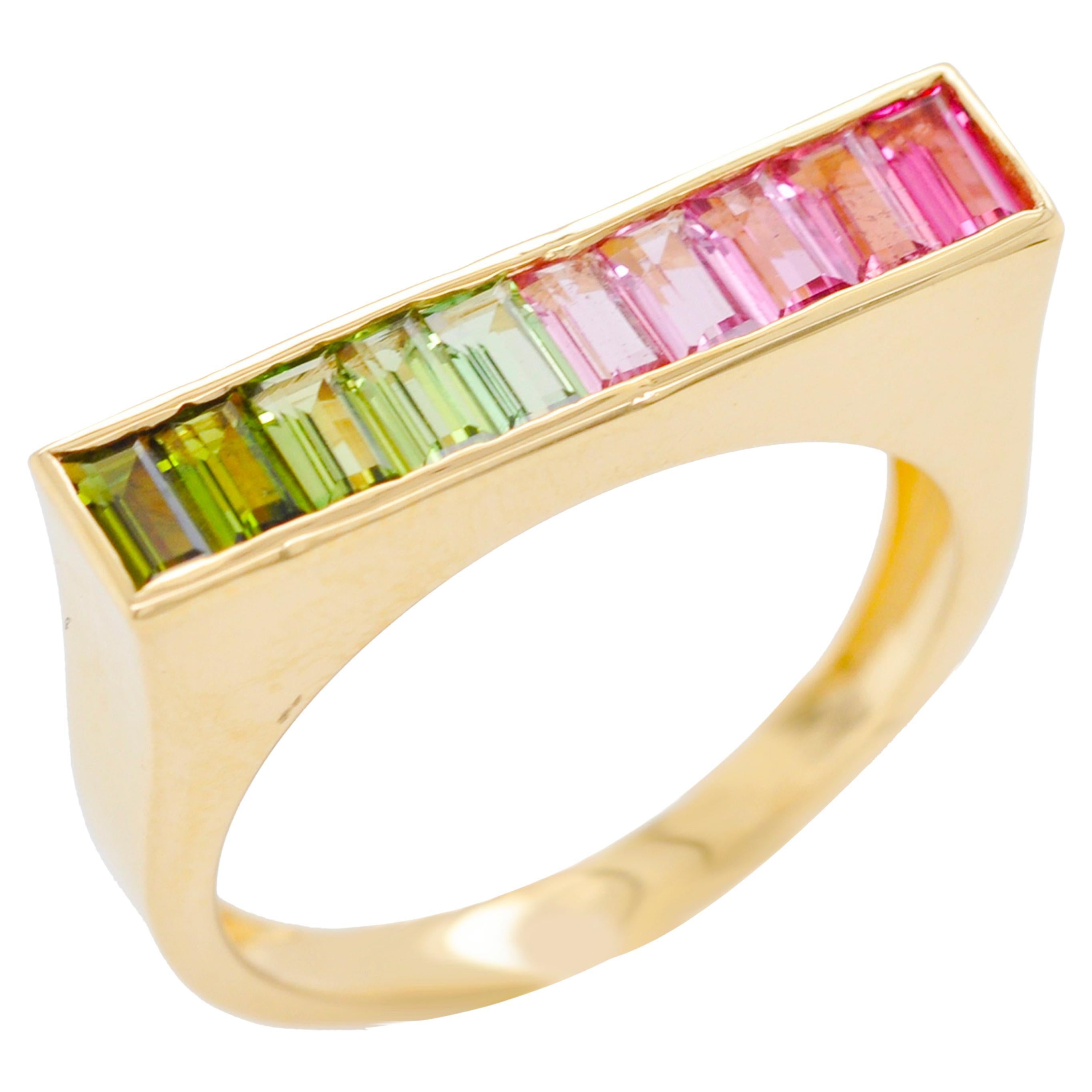 18 Karat Yellow Gold Green Pink Watermelon Bi-Color Tourmaline Linear Bar Ring For Sale