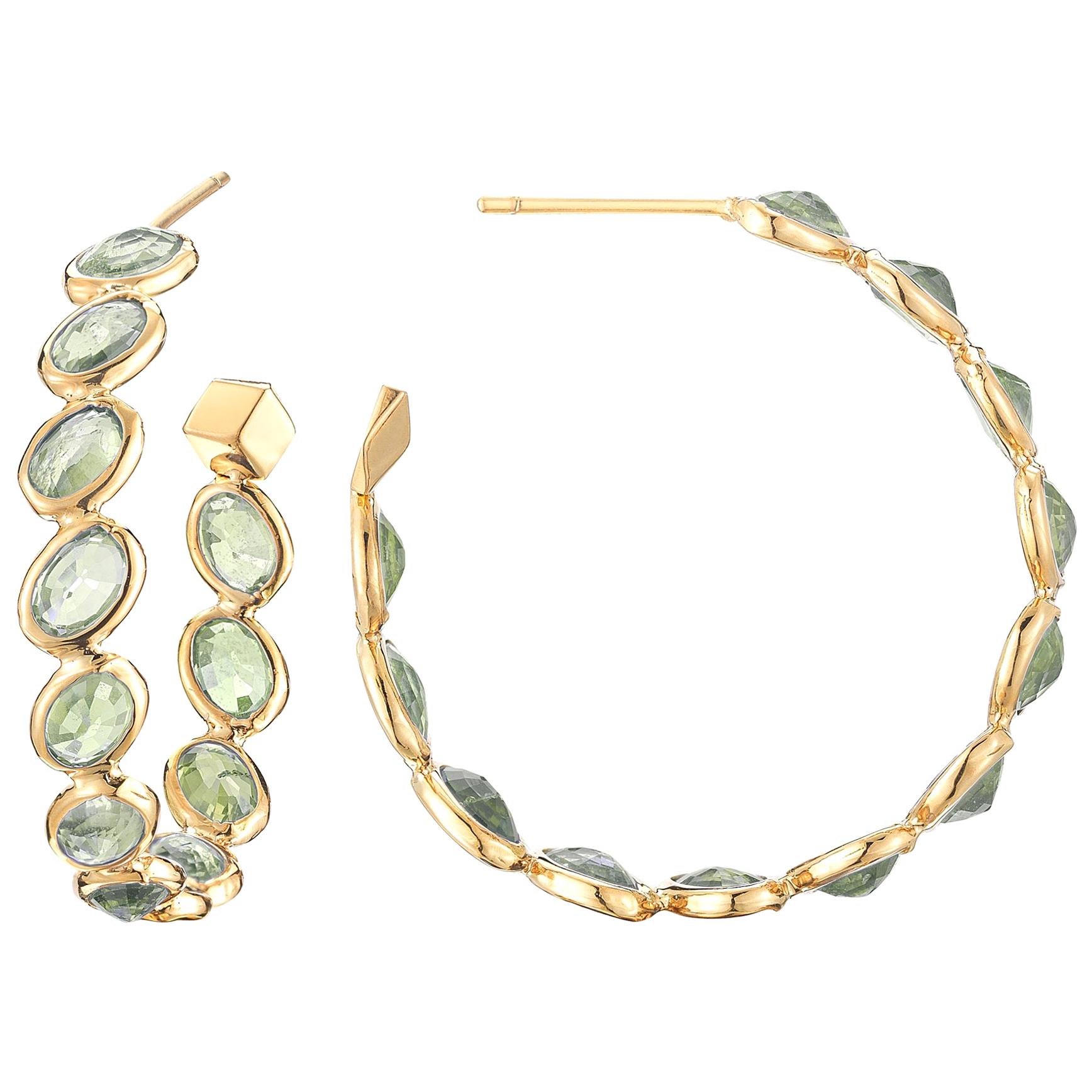 Paolo Costagli 18 Karat Yellow Gold Green Sapphire Ombre Hoop Earrings, Medium For Sale