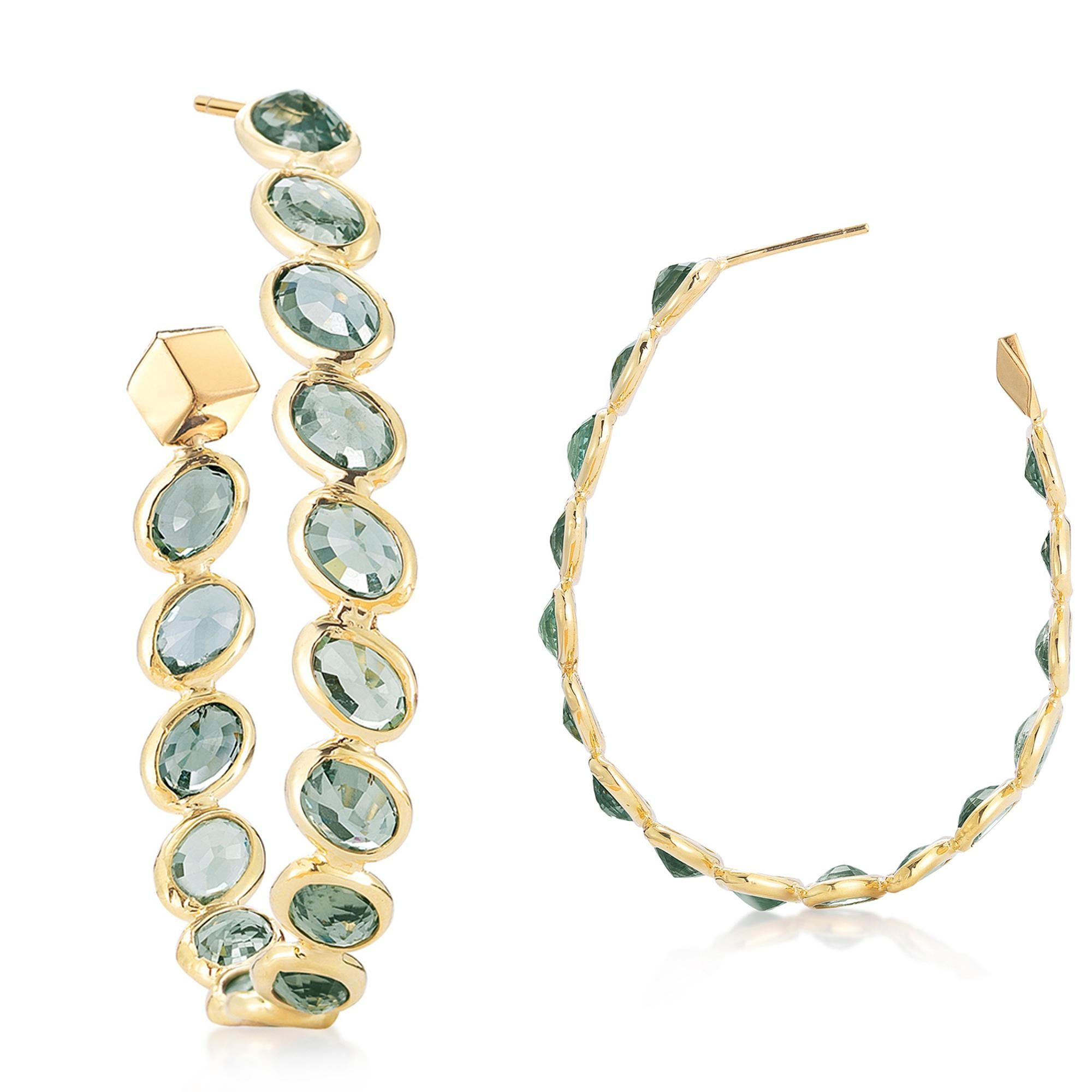 Contemporary 18 Karat Yellow Gold Green Sapphire 17.90 Carat Ombre Hoop Earrings, Grande