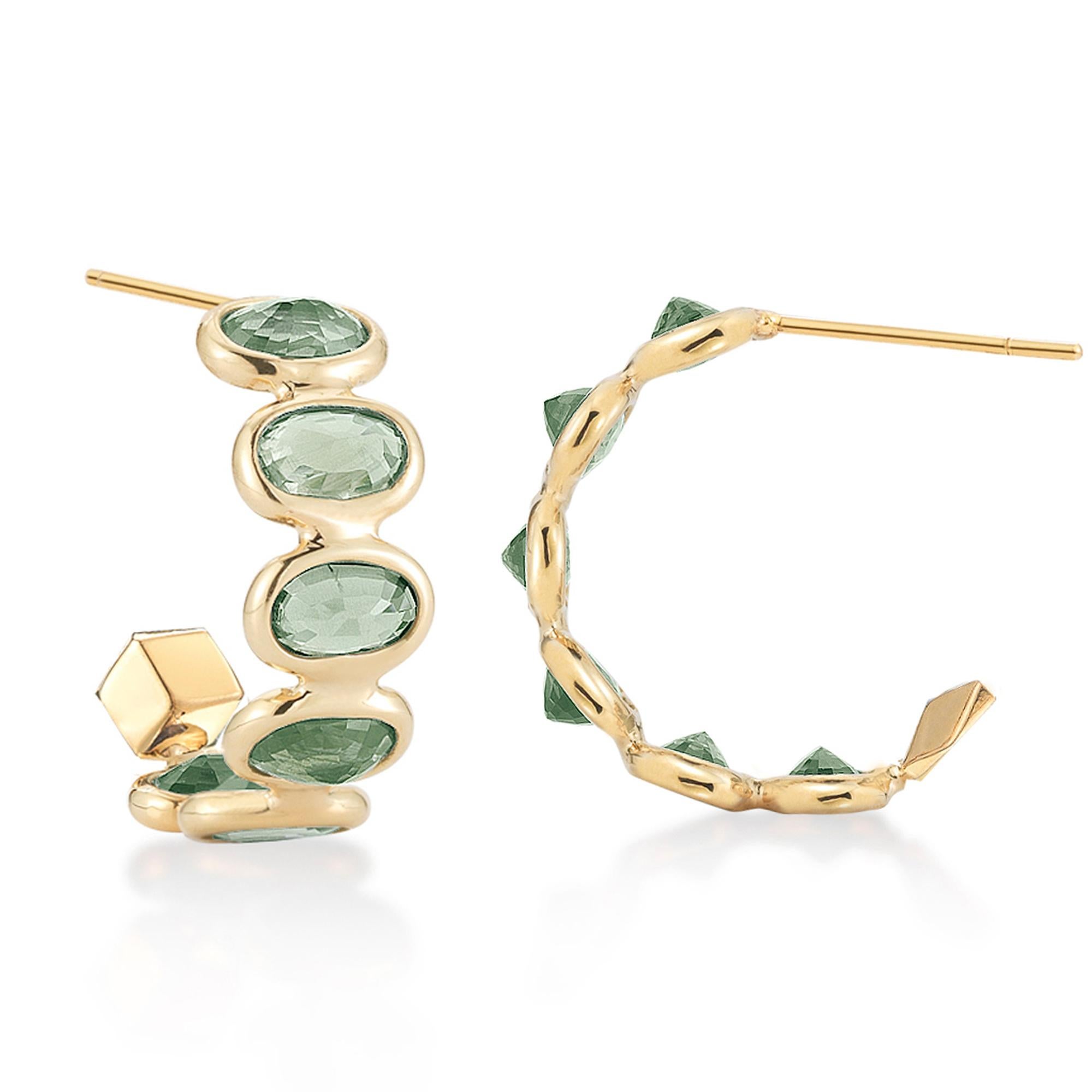 Contemporary Paolo Costagli 18 Karat Yellow Gold Green Sapphire 3.70ct Hoop Earring Petite For Sale