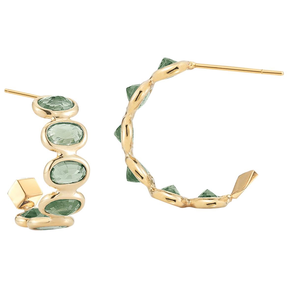 Paolo Costagli 18 Karat Yellow Gold Green Sapphire 3.70ct Hoop Earring Petite For Sale