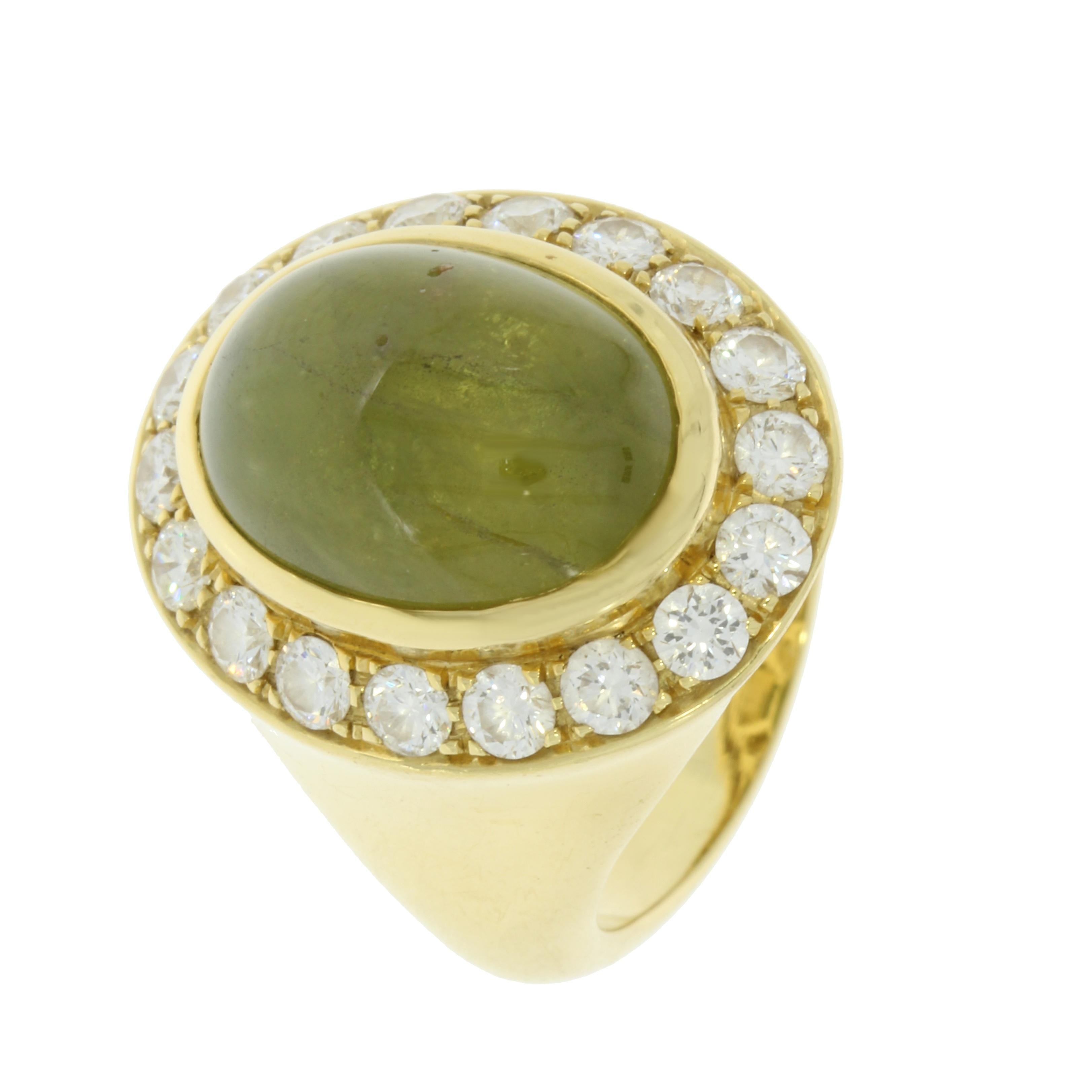 An exquisite oval cut natural green sapphire surrounded by a glistening halo of brilliant cut diamonds is set upon a smooth curvature that elegantly glides around the pinky finger.

Natural Green Sapphire Pinky Ring 
Details:
- 18 Karat Yellow