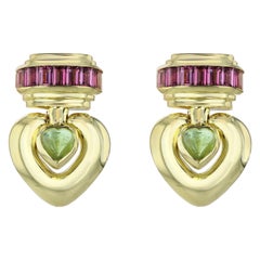 18 Karat Yellow Gold Green Stone Pink Sapphire Heart Shaped Earrings