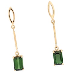18 Karat Yellow Gold Green Tourmaline Dangle Earrings