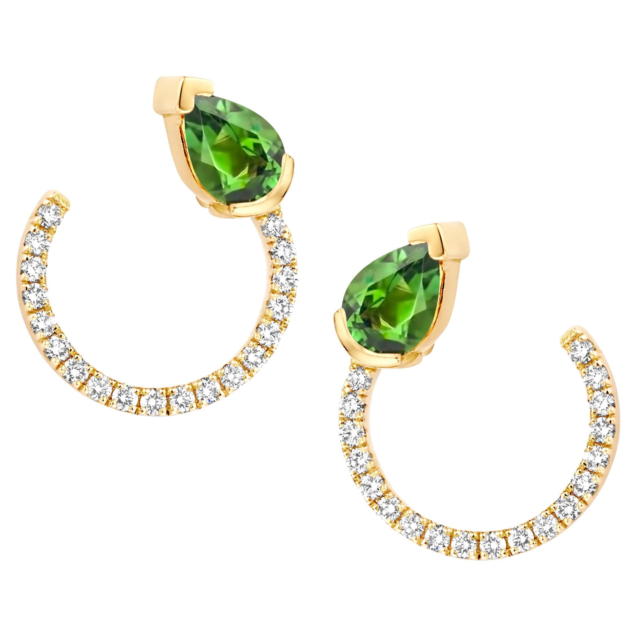 18 Karat Yellow Gold Green Tourmaline Diamond Curved Earrings For Sale