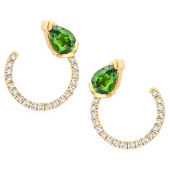 18 Karat Yellow Gold Green Tourmaline Diamond Curved Earrings