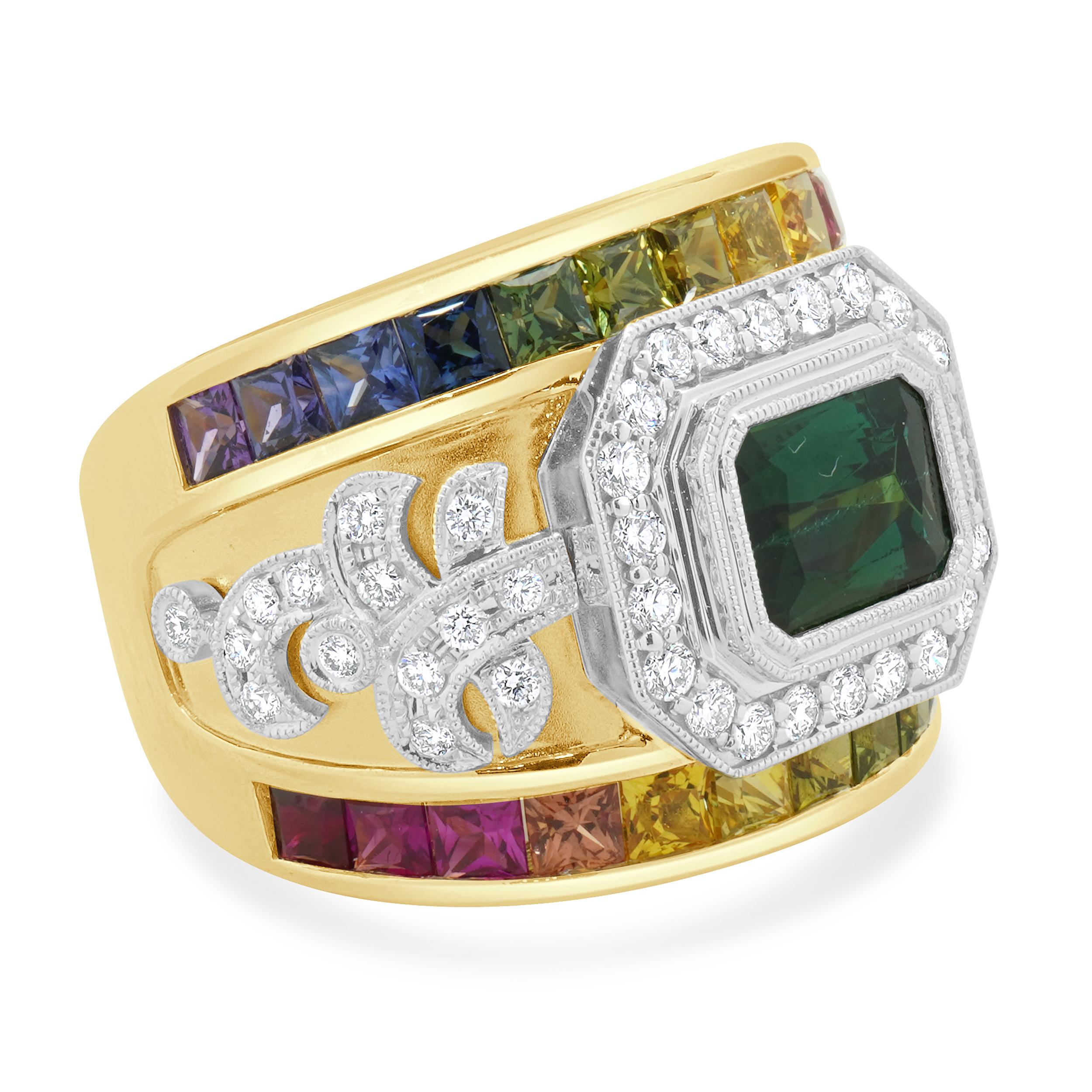 Designer: custom
Material: 18K yellow gold
Diamond: round brilliant cut = 1.25cttw
Color: G
Clarity: SI1
Rainbow Sapphire: princess cut = 3.37cttw
Green Tourmaline: 1 emerald cut = 1.56ct
Ring Size: 7.5 (please allow two extra shipping days for