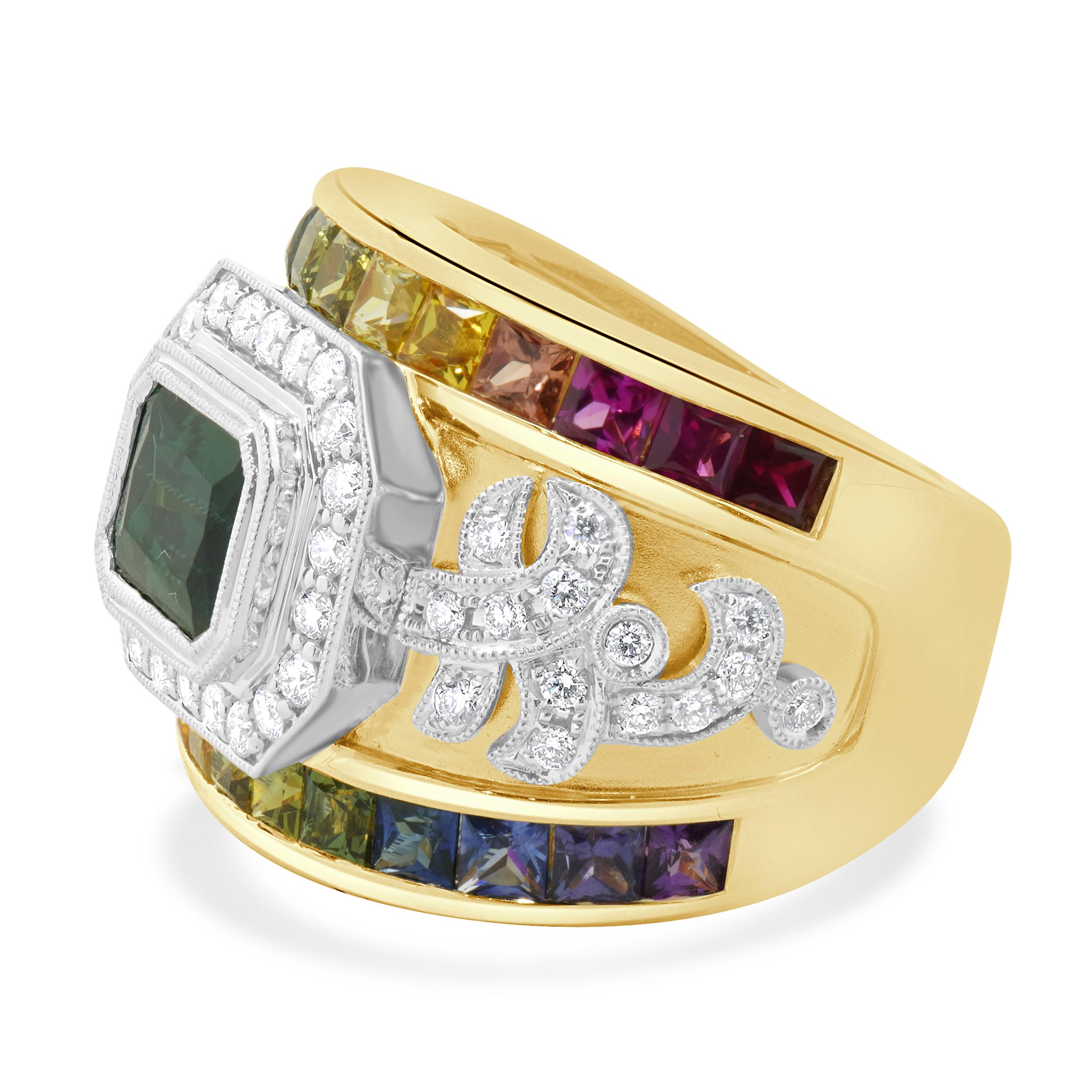 18 Karat Yellow Gold Green Tourmaline, Rainbow Sapphire, and Diamond Ring In Excellent Condition For Sale In Scottsdale, AZ