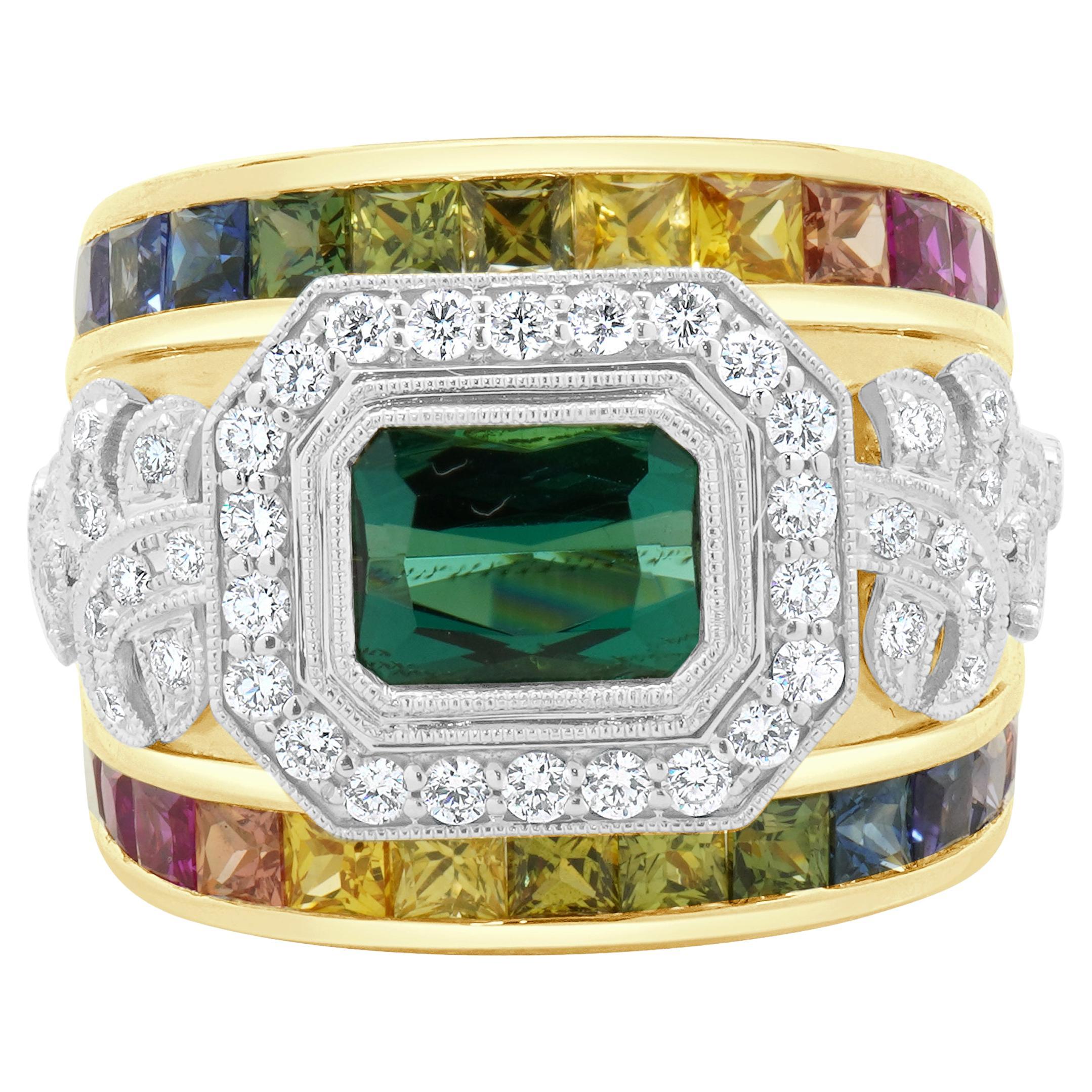 18 Karat Yellow Gold Green Tourmaline, Rainbow Sapphire, and Diamond Ring For Sale