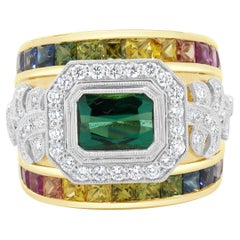 Bague en or jaune 18 carats, tourmaline verte, saphir arc-en-ciel et diamants