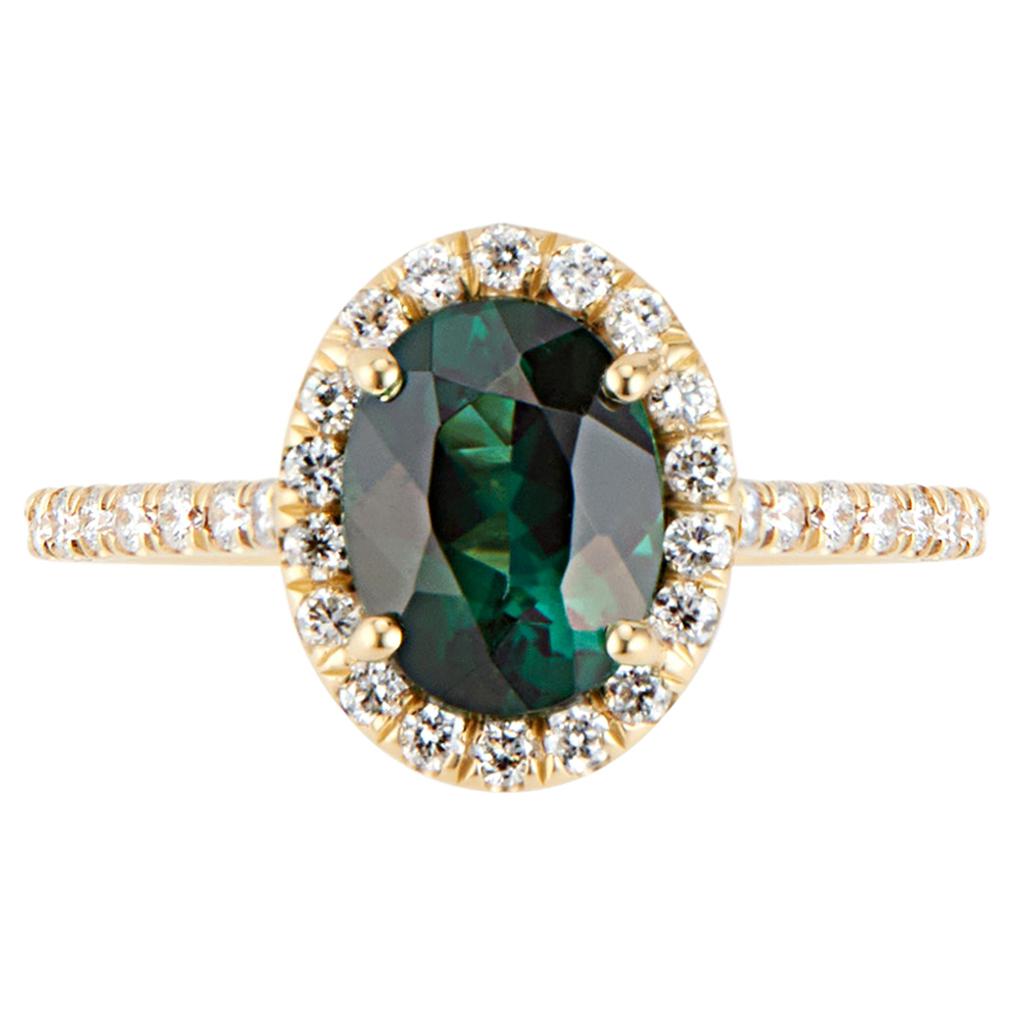 18 Karat Yellow Gold Green Tourmaline Ring with Diamond Halo