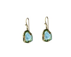 18 Karat Yellow Gold Green Tourmaline Slice Dangle Earrings