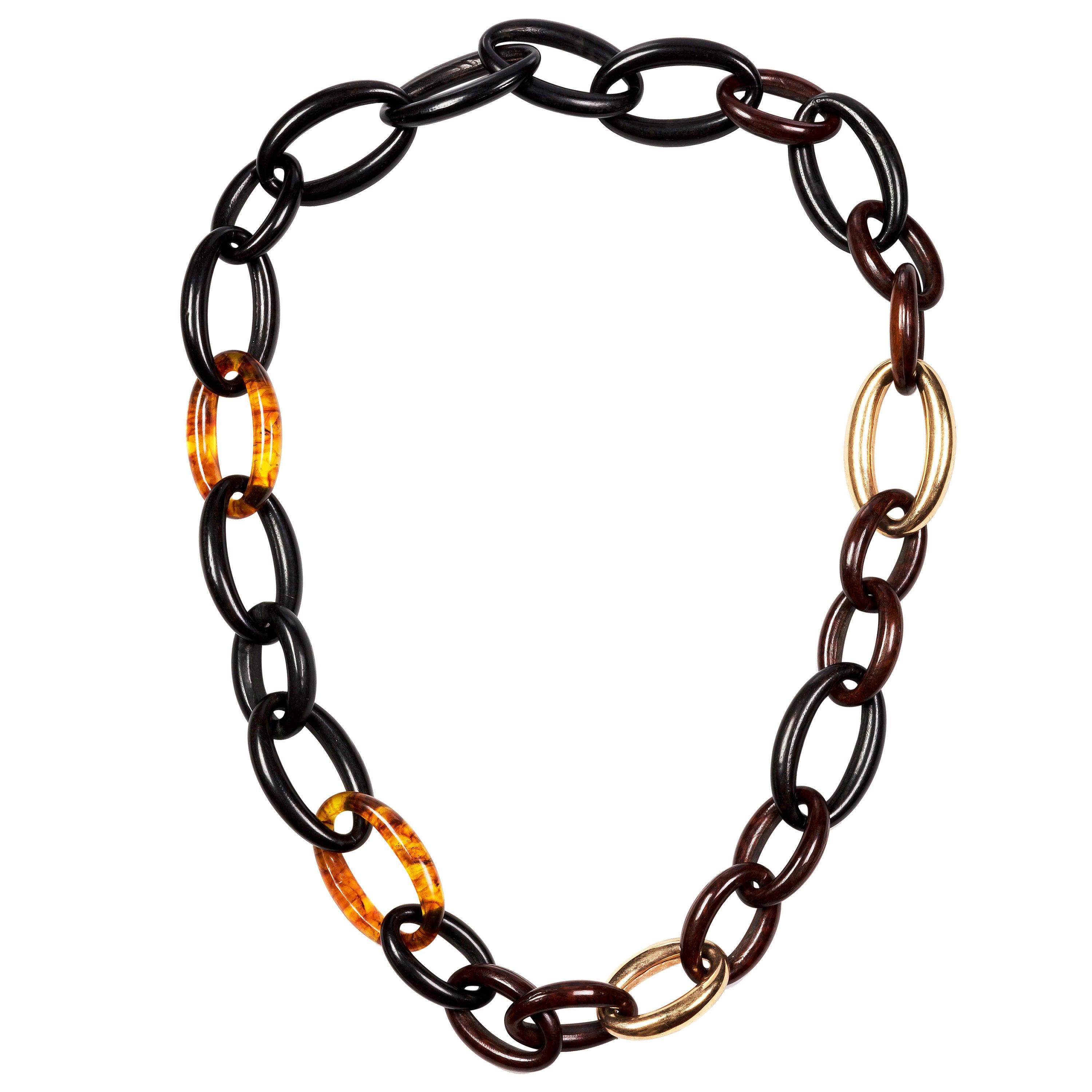 18 Karat Yellow Gold Groumette Wood and Amber Necklace For Sale