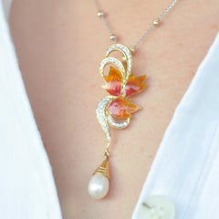 18 Karat Yellow Gold Guilloché French Enamel Diamond Pearl Pendant Necklace