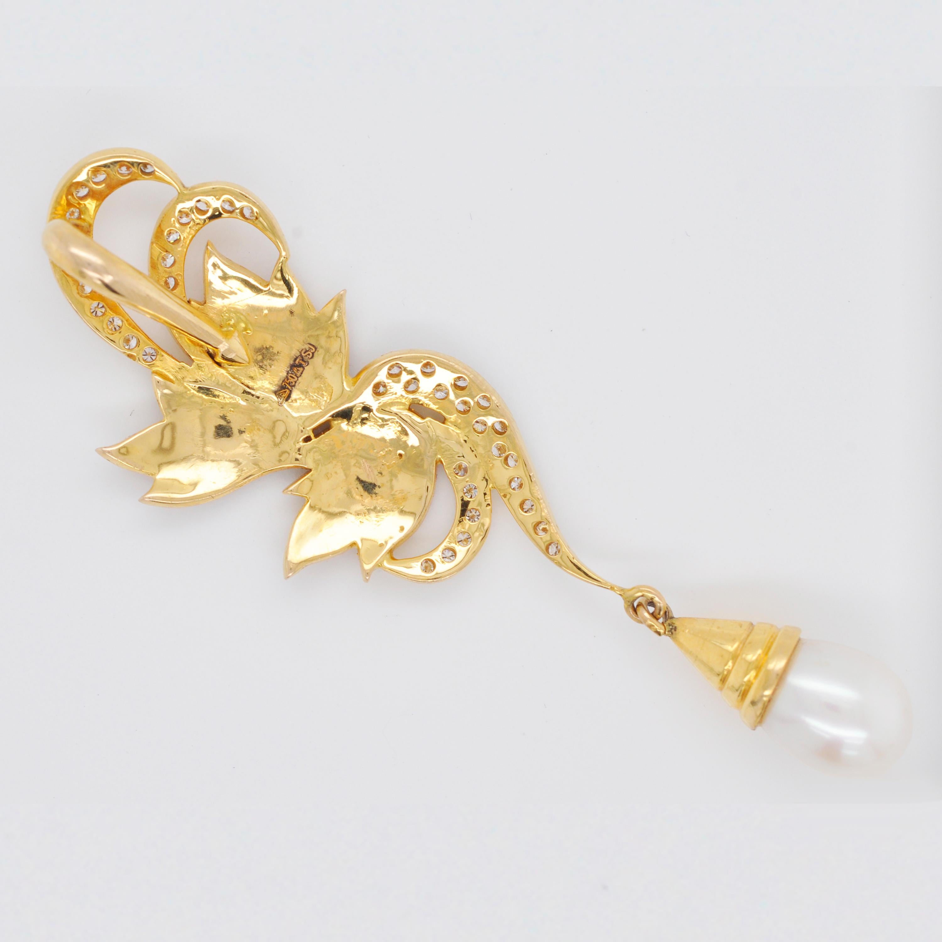 Women's 18 Karat Yellow Gold Guilloché French Enamel Diamond Pearl Pendant Necklace For Sale