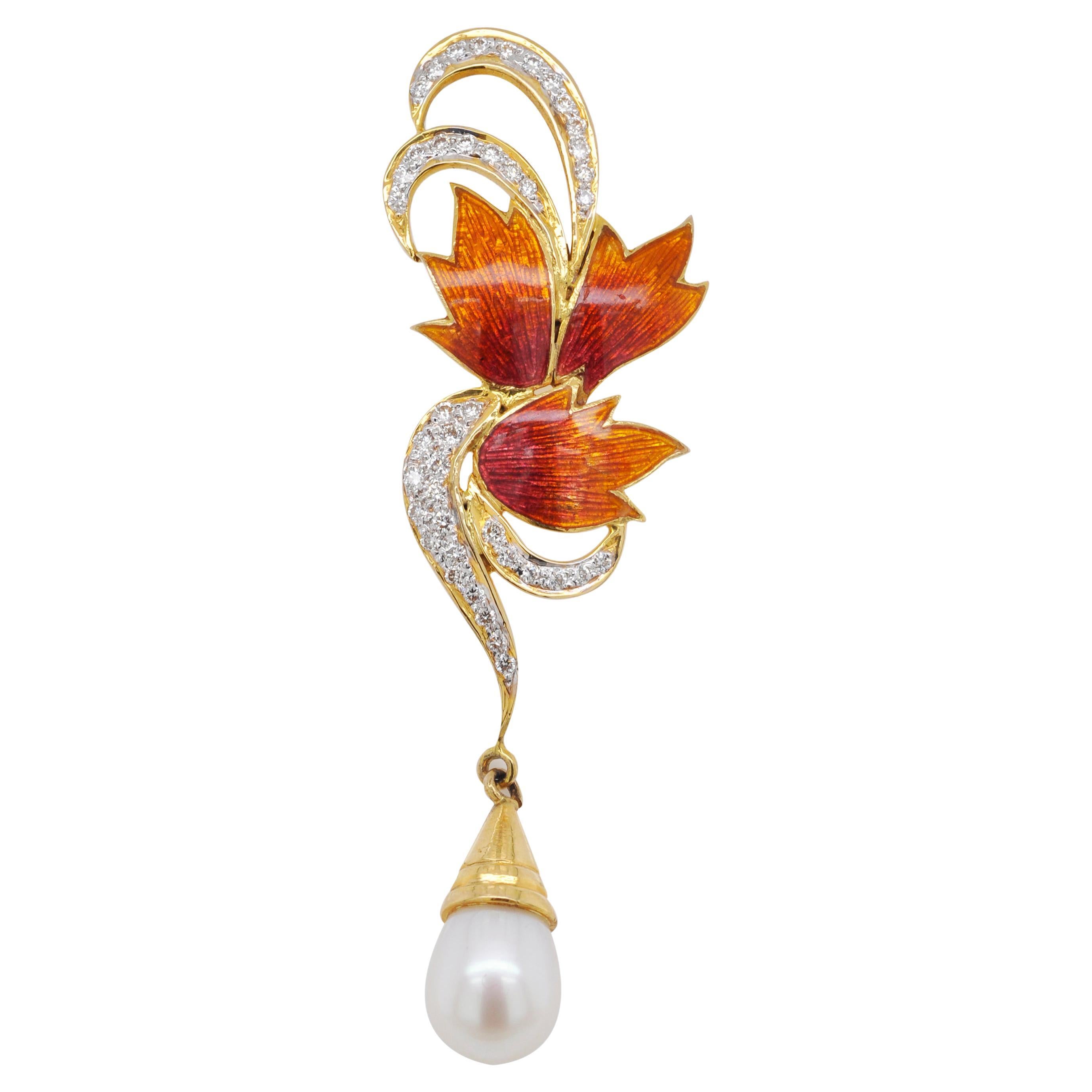 18 Karat Yellow Gold Guilloché French Enamel Diamond Pearl Pendant Necklace For Sale