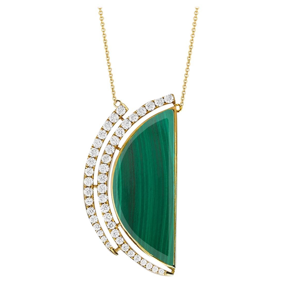 18 Karat Yellow Gold Half Moon Semi-Circle Necklace with Malachite and Diamonds For Sale