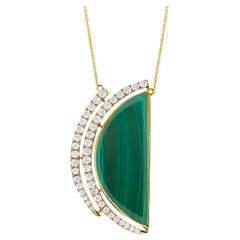 18 Karat Yellow Gold Half Moon Semi-Circle Necklace with Malachite and Diamonds