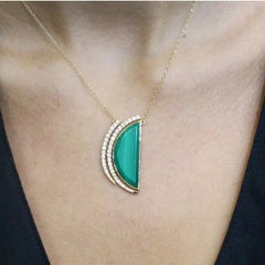 18 Karat Yellow Gold Half Moon Semi-Circle Necklace with Malachite and Diamonds