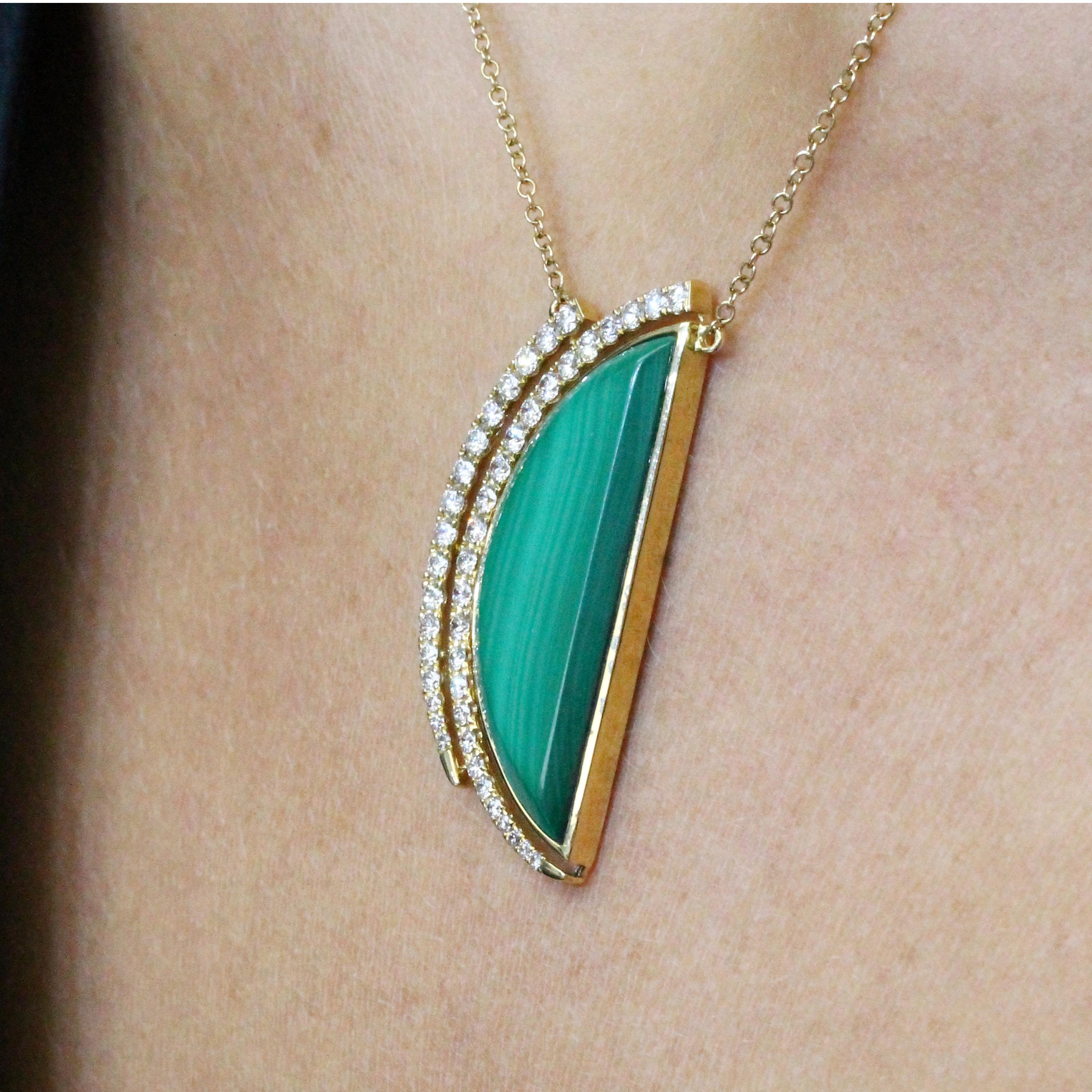 Art Deco 18 Karat Yellow Gold Half Moon Semi-Circle Necklace with Malachite and Diamonds For Sale