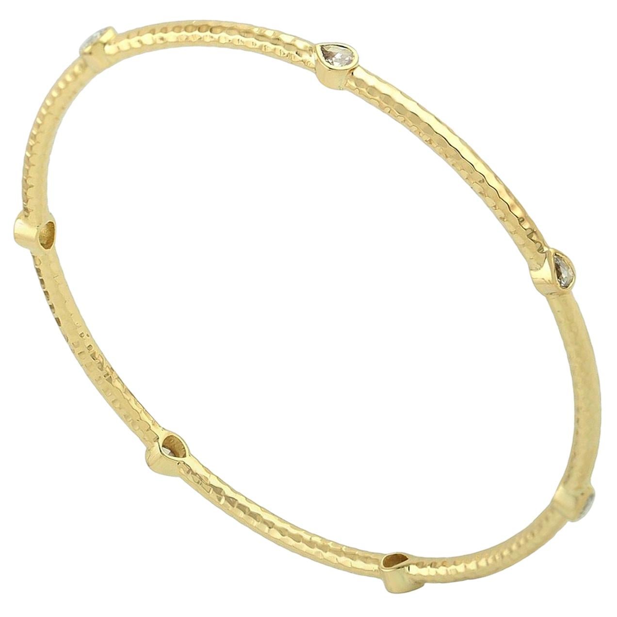 18 Karat Yellow Gold Hammered Rosecut Diamond Bangle Bracelet