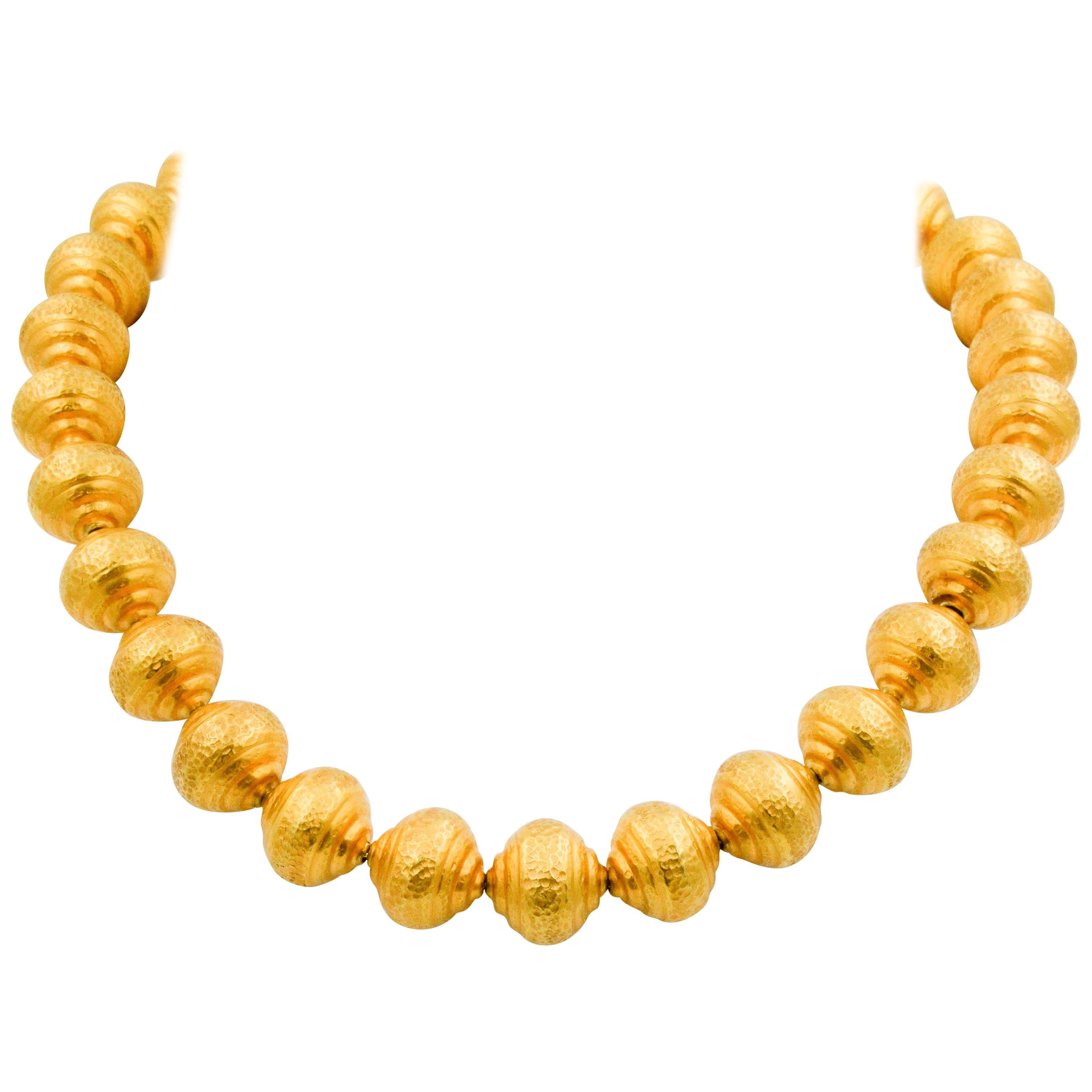 Modern 18 Karat Yellow Gold Hammered Tapered Gold Ball Necklace