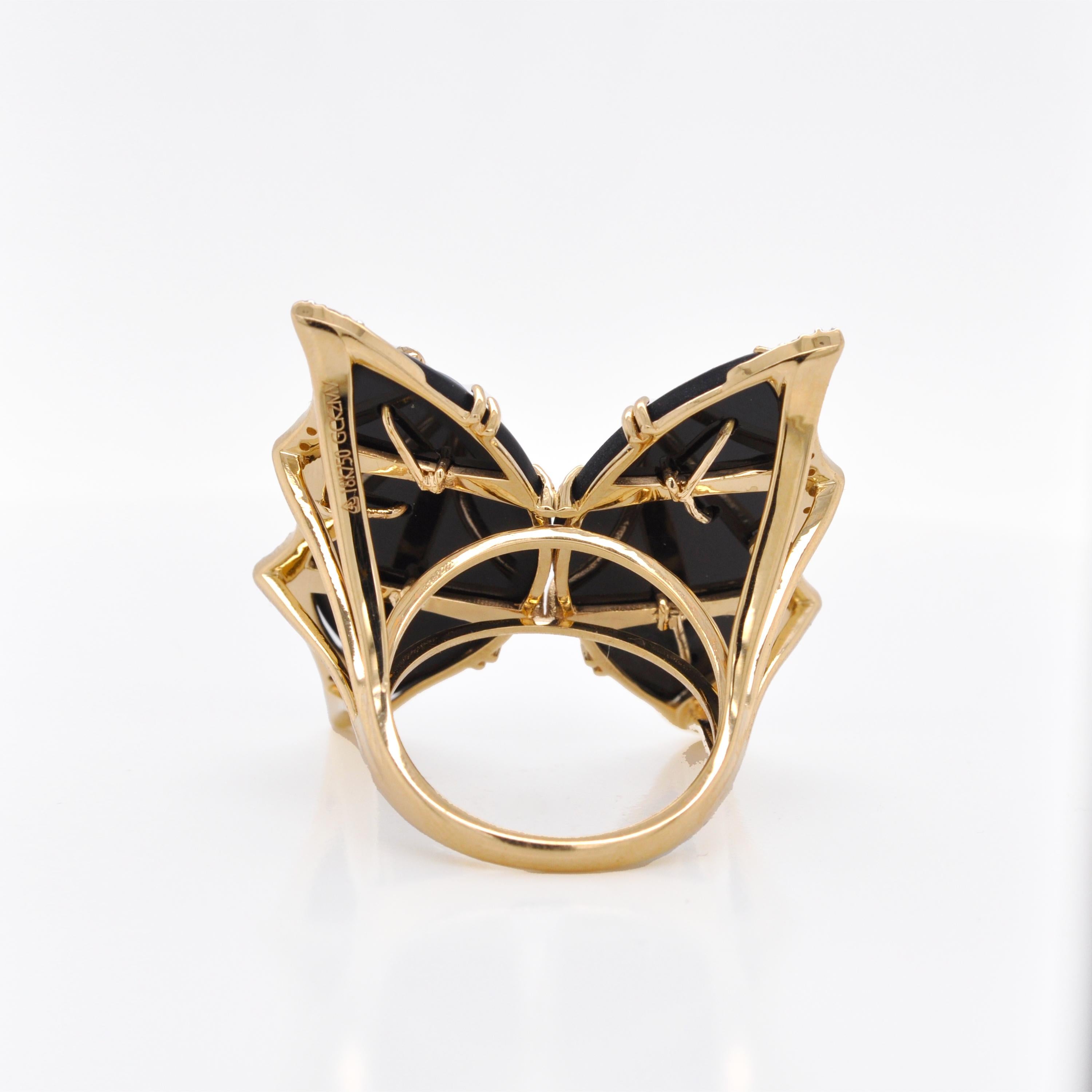 En vente :  Bague papillon en or jaune 18 carats sculptée à la main en agate et diamant 5