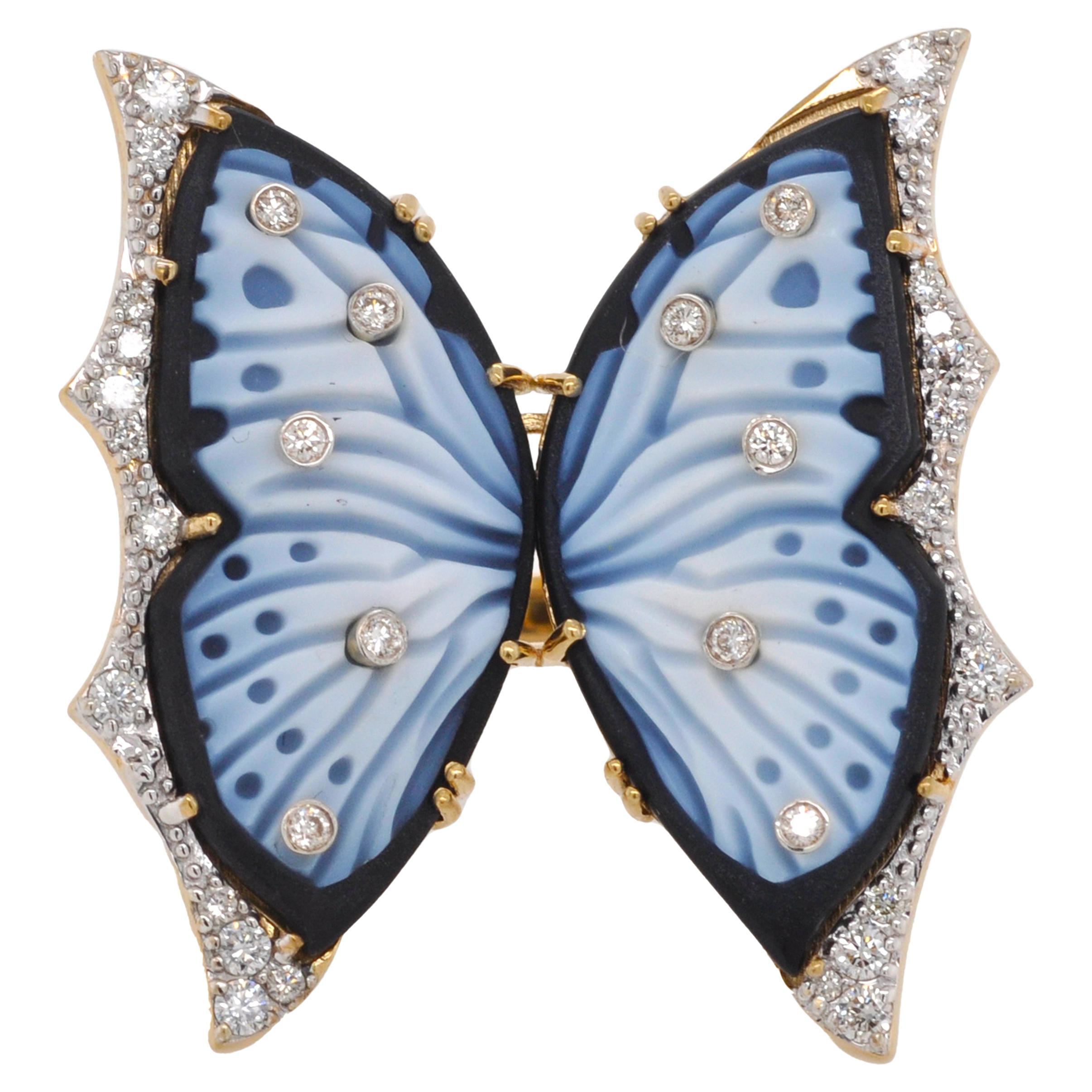 18 Karat Gelbgold Handgeschnitzter Achat-Schmetterlings-Diamantring