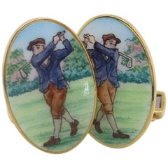 Used 18 Karat Yellow Gold Hand Painted Bobby Jones Golfer Cufflinks