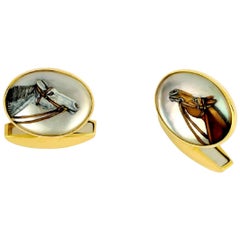 Deakin & Francis 18 Karat Yellow Gold Hand Painted Crystal Horses Head Cufflinks