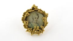 18 Karat Yellow Gold Hand-Painted Victorian Miniature Portrait Brooch Pin