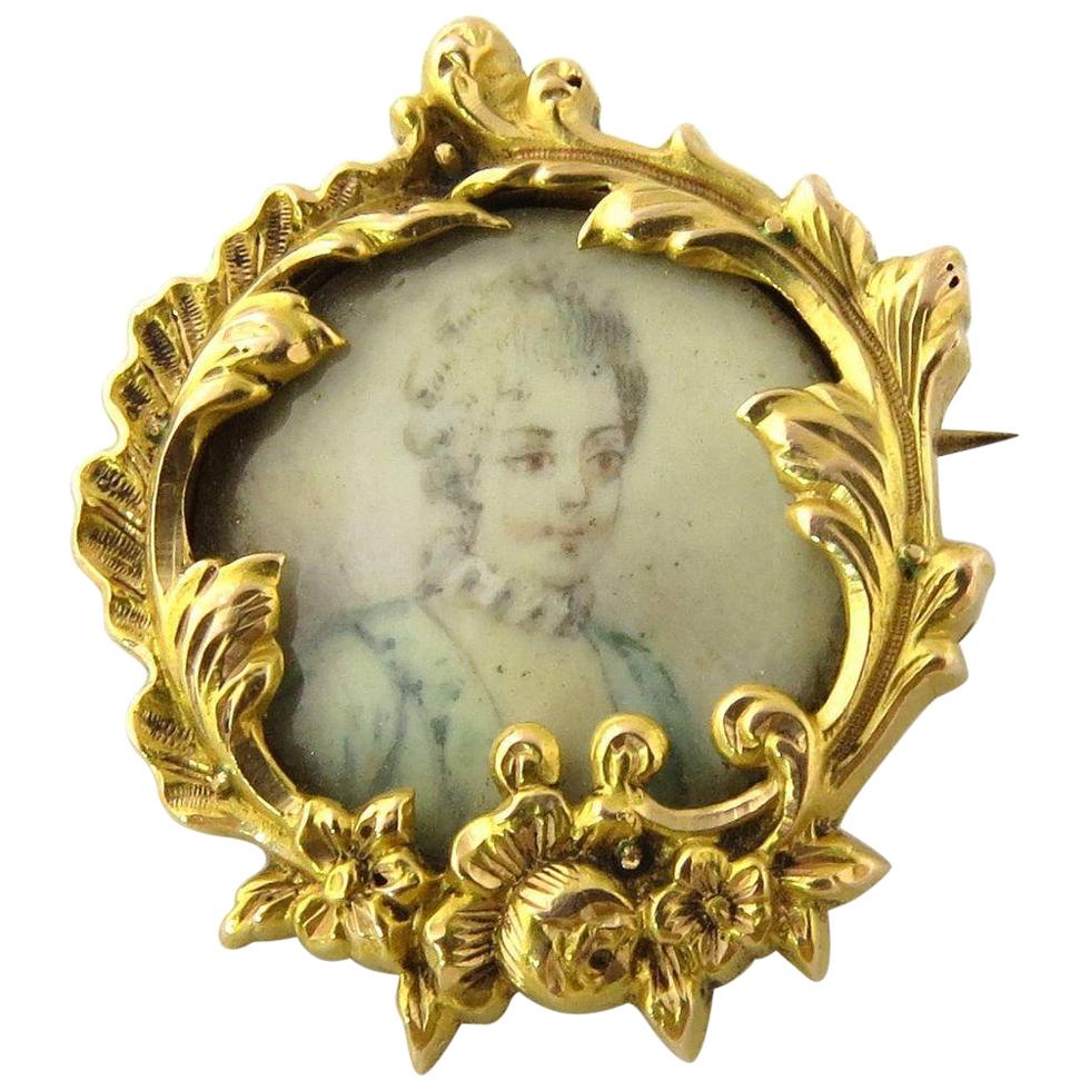 18 Karat Yellow Gold Hand-Painted Victorian Miniature Portrait Brooch Pin For Sale