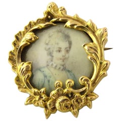 Vintage 18 Karat Yellow Gold Hand-Painted Victorian Miniature Portrait Brooch Pin