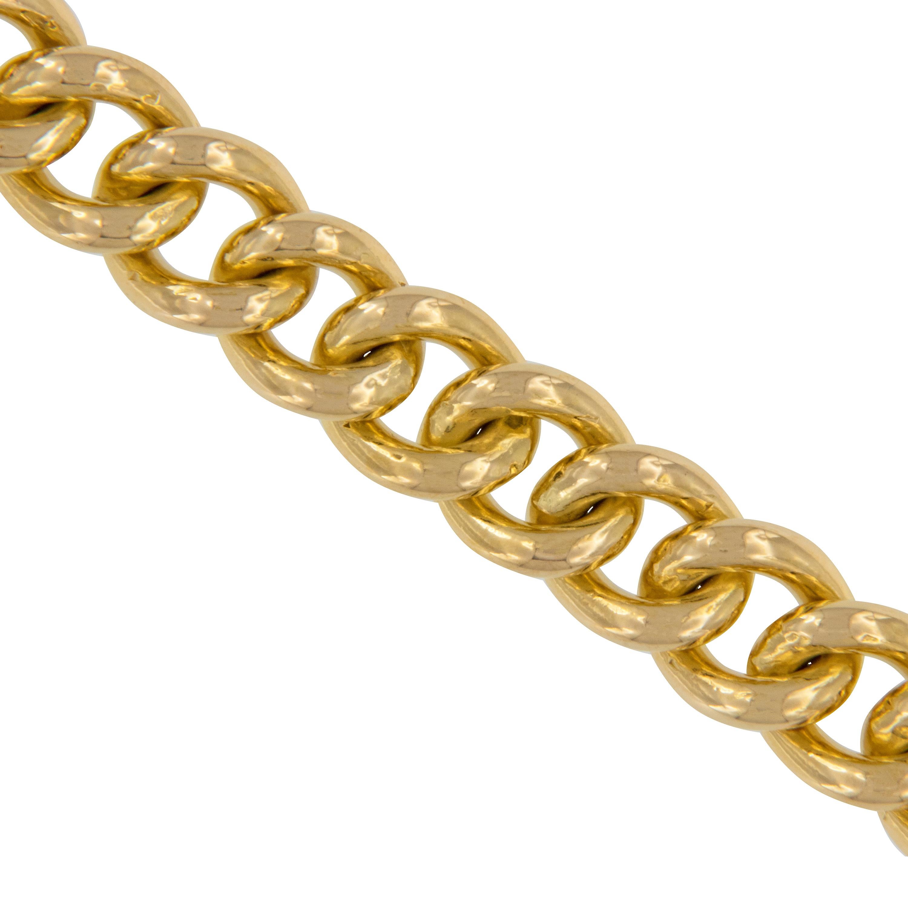 What could be more timeless than this royal 18 karat yellow Cuban link bracelet? This bracelet lays perfectly flat on your wrist with the reassuring feel of a substantial piece of jewelry. Bracelet is 7