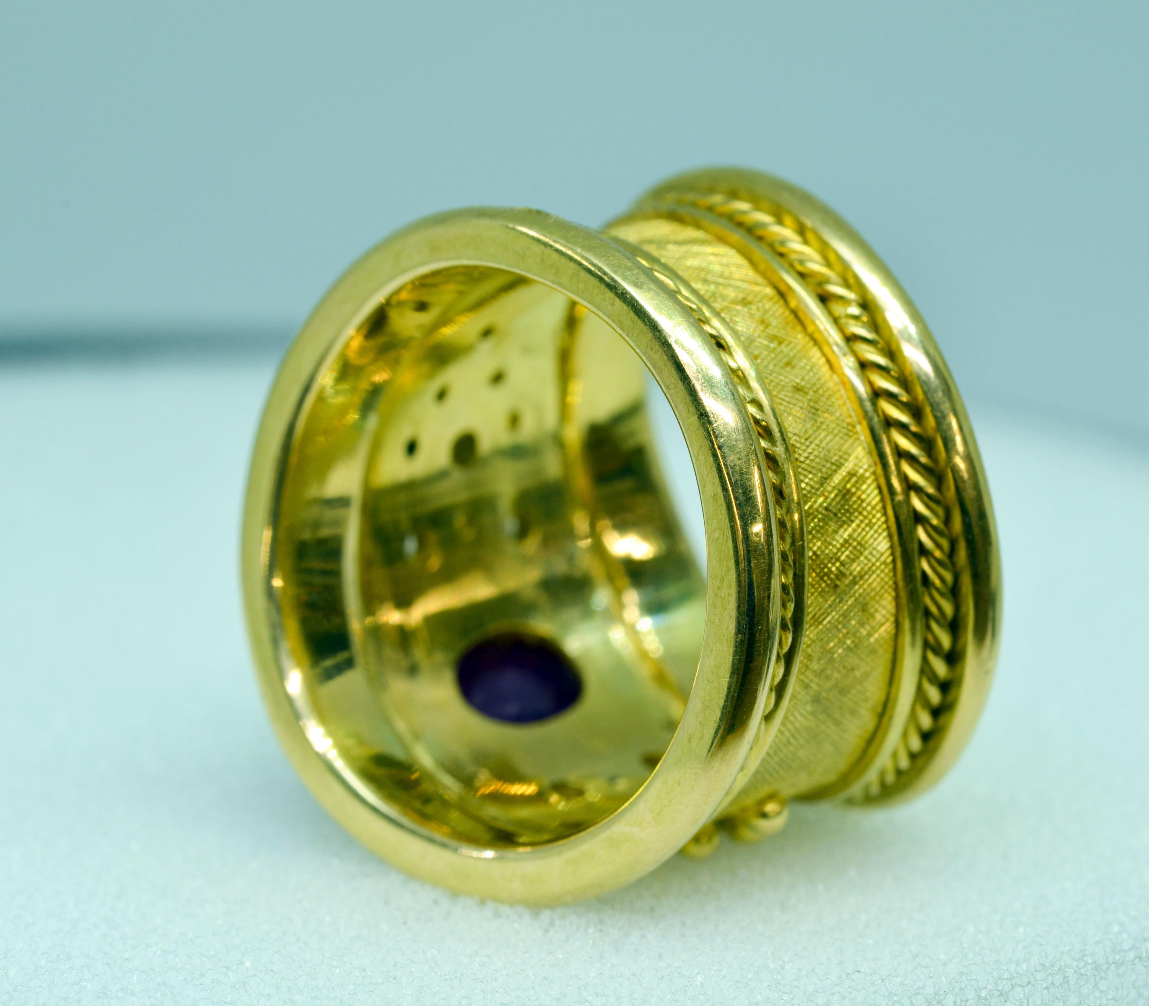 Artisan 18 Karat Yellow Gold Handmade Diamond and Ruby Tapered Cigar Band Ring For Sale