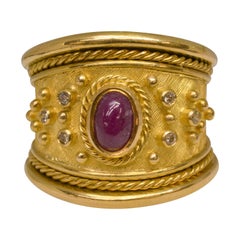 18 Karat Yellow Gold Handmade Diamond and Ruby Tapered Cigar Band Ring
