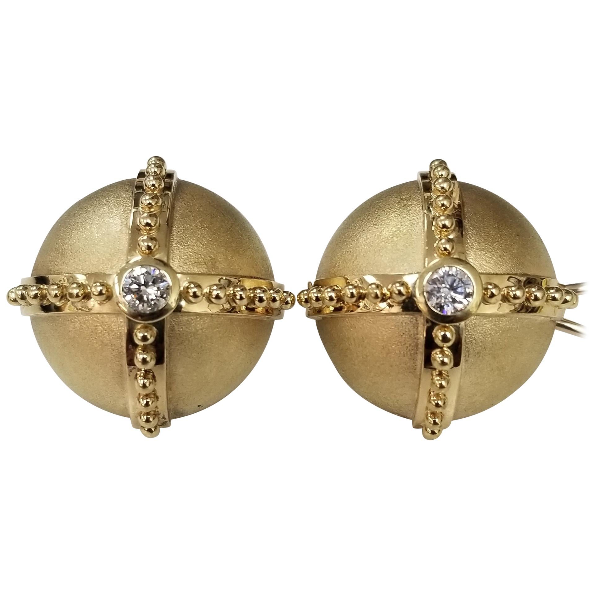18 Karat Yellow Gold Handmade Diamond Domed Earrings