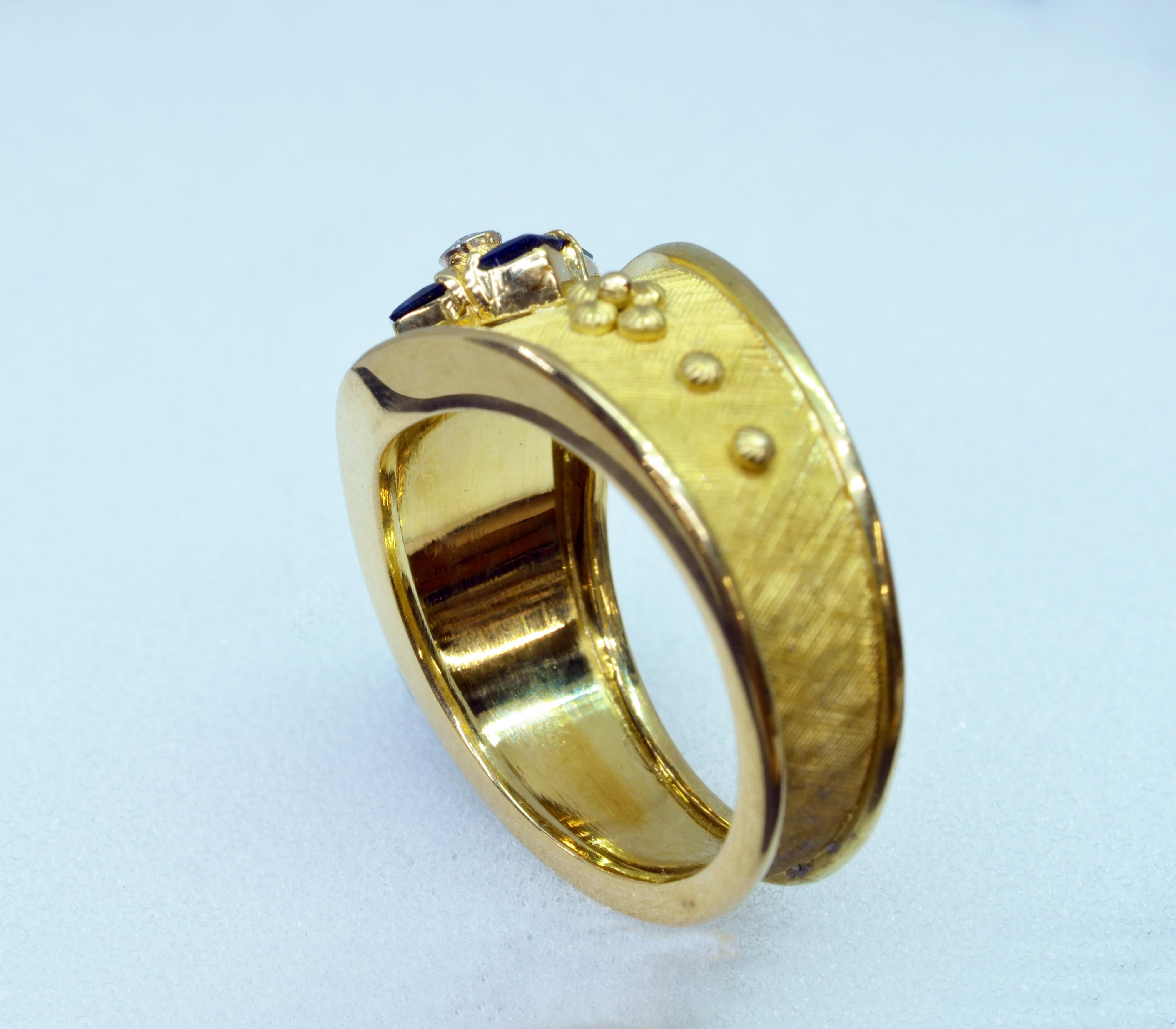 Artisan 18 Karat Yellow Gold Handmade Sapphire and Diamond Cigar Band Ring For Sale