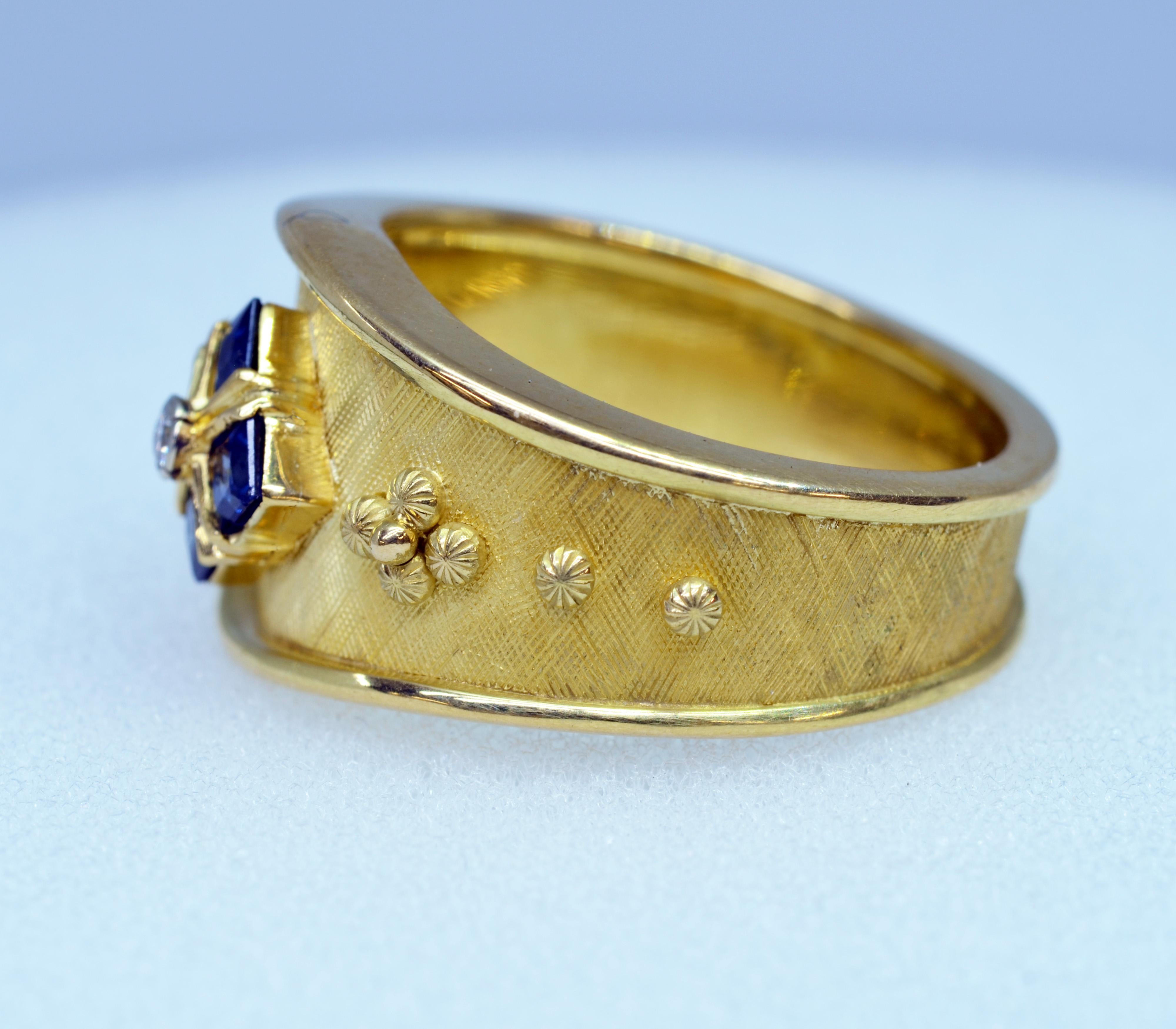 Princess Cut 18 Karat Yellow Gold Handmade Sapphire and Diamond Cigar Band Ring For Sale