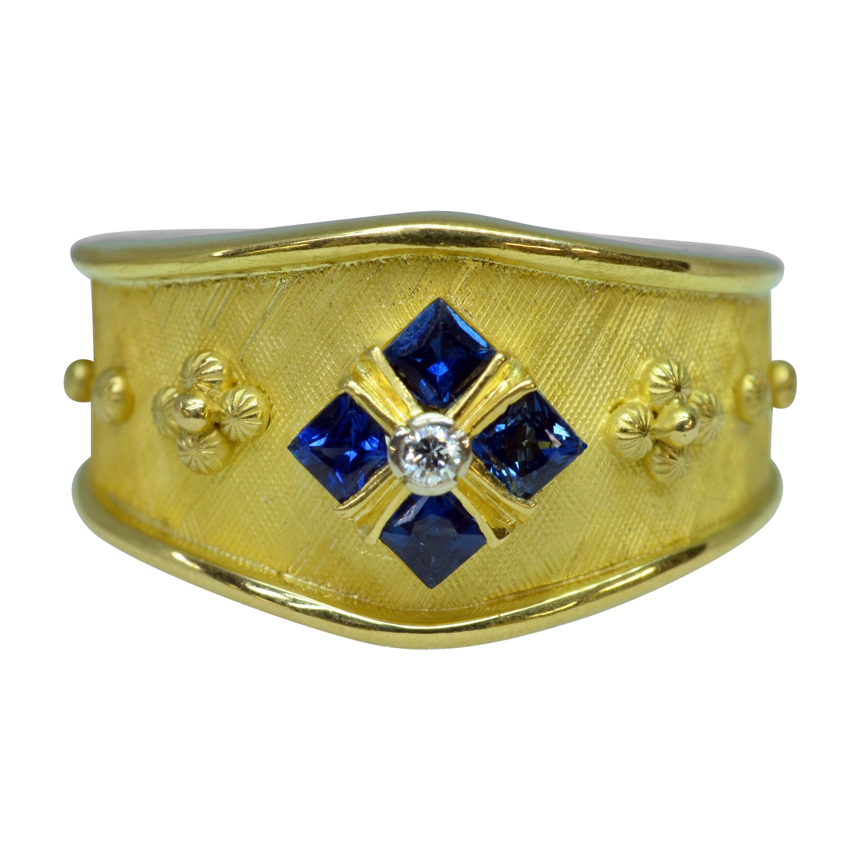 18 Karat Yellow Gold Handmade Sapphire and Diamond Cigar Band Ring For Sale