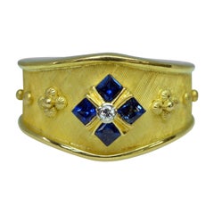 18 Karat Yellow Gold Handmade Sapphire and Diamond Cigar Band Ring