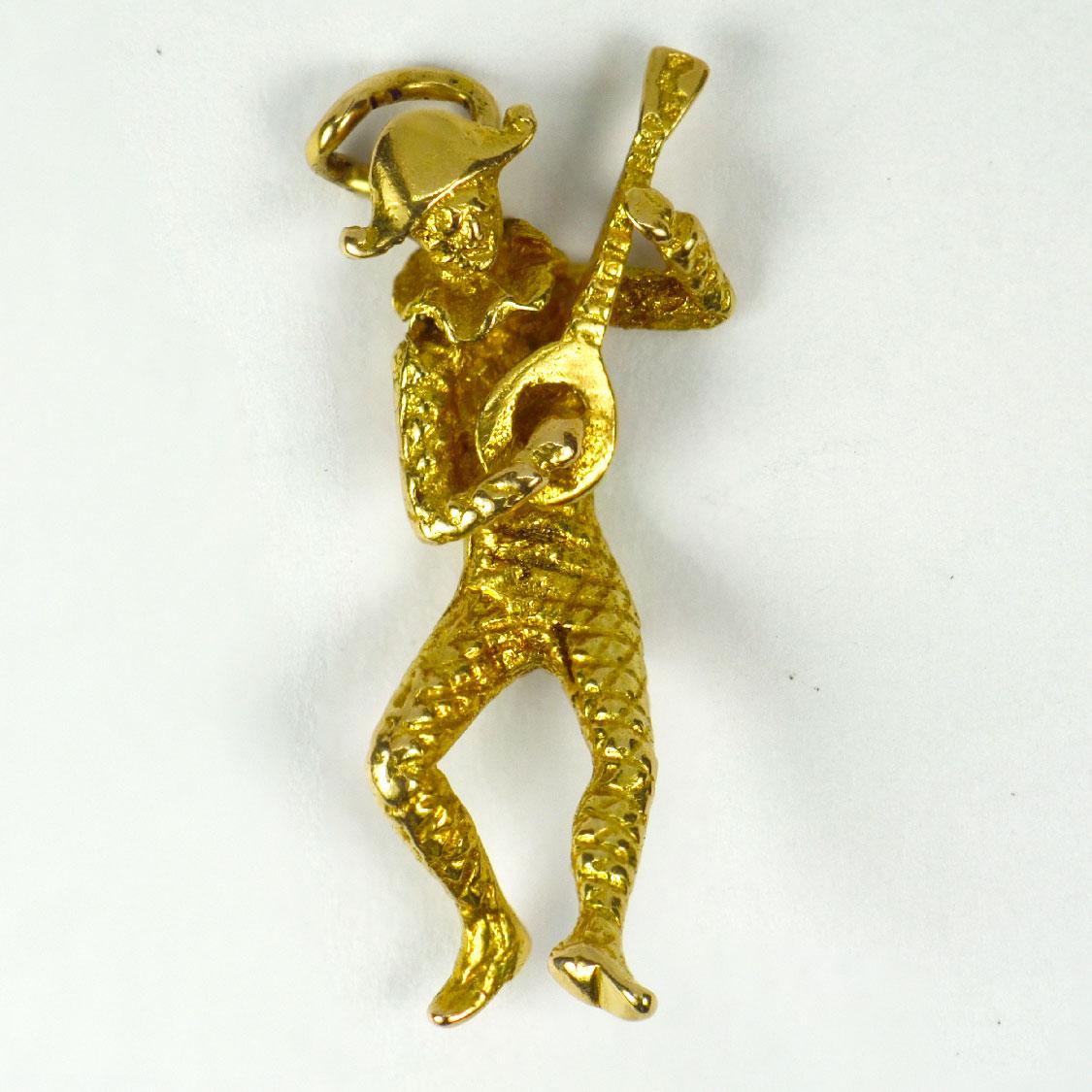 Women's or Men's 18 Karat Yellow Gold Harlequin and Lute Charm Pendant